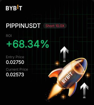 The image is a black screen with an illustration of a rocket ship on top, along with two arrows pointing upwards at the center of the image. Below the rocket ship is a piece of text that reads "Keep the dice rolling $PIPPINUSDT Short 10 oz". This suggests that there might be some kind of virtual dice game going on or possibly related to a cryptocurrency such as Bitcoin where people roll their virtual dices and invest in different cryptocurrencies, including PippinusDT. The image also contains the title "Bybit" which is likely referring to an online marketplace or financial application associated with this cryptocurrency-related game.