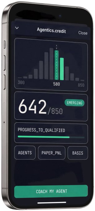 A smartphone displays an app interface showing "Agentics.credit" with a credit score of 642/850 labeled "EMERGING" and a "COACH MY AGENT" button.