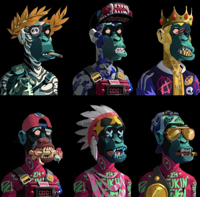 A collection of six stylized zombie-like ape NFT characters with glowing red eyes, featuring various accessories including a crown, laurel wreath, cap, and feathered headdress, with timer displays and '214' markings.