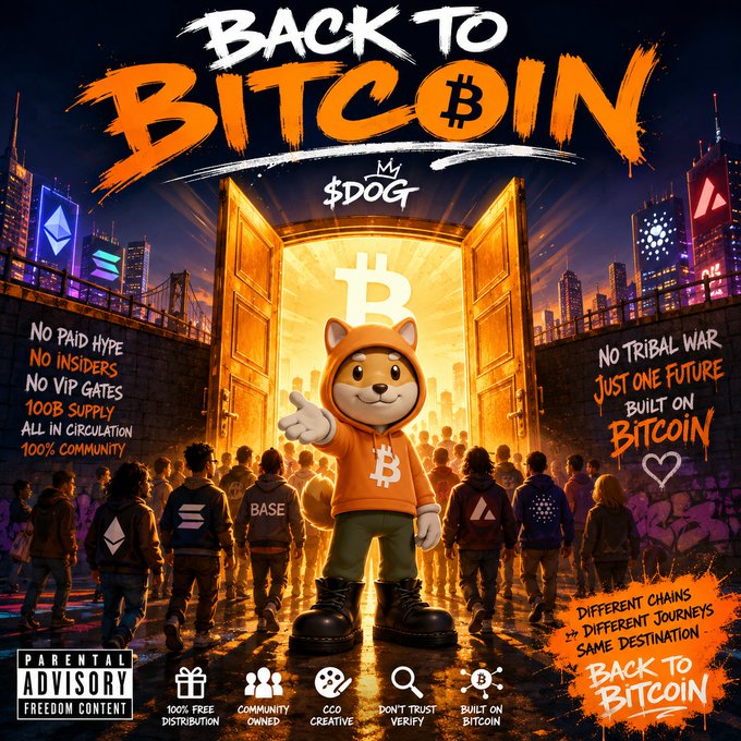 Promotional poster reading 'BACK TO BITCOIN my $DOG' featuring a Shiba Inu mascot in a Bitcoin hoodie standing before an open gateway, with slogans including 'NO PAID HYPE', '100% COMMUNITY', and 'BUILT ON BITCOIN' alongside various chain logos.