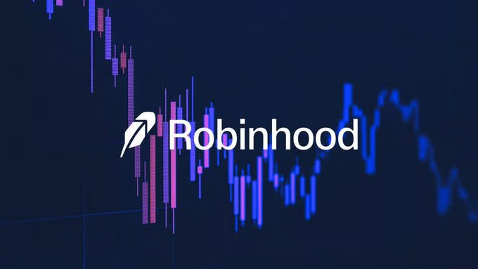 The Robinhood logo and text are displayed over a background of stock market candlestick charts in blue and purple.
