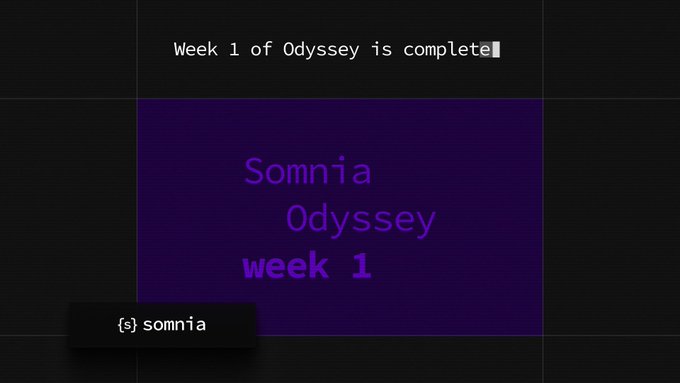The image displays a terminal-style screen with the text "Week 1 of Odyssey is complete" and a purple box featuring "Somnia Odyssey week 1," accompanied by the tag "(s) somnia." This visual complements the post's announcement that participants who completed Week 1 quests of the Somnia Odyssey can claim an additional 20% of their Quest allocation, with the claim portal still open.