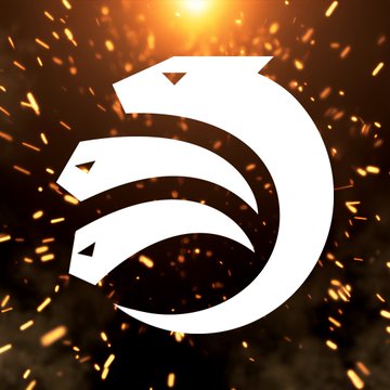 A white logo featuring three stylized dragon or serpent heads stacked together, set against a dark background with golden sparks and embers.