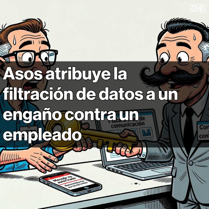A cartoon illustration depicts two nervous men at a desk with a key and a laptop displaying 'Plataforma de comunicación', overlaid with Spanish text reading 'Asos atribuye la filtración de datos a un engaño contra un empleado'.
