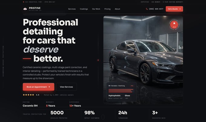 The image shows a website for a car detailing service, with a black background and white text. The main focus of the website is a photo of a car that appears to be shiny and well-maintained. There are several buttons on the page, including one labeled "Service" and another labeled "Appointment". The website also provides information about the services offered by the business, such as detailing for cars that require it.