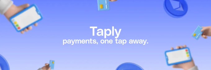 A promotional graphic for 'Taply' reading 'payments, one tap away.' with illustrated hands holding phones and credit cards on a purple background.