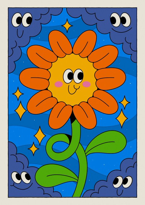 A retro-style cartoon illustration of a smiling orange flower with green leaves surrounded by smiling blue clouds and sparkles against a starry night sky.