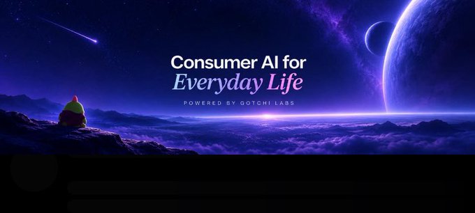 A purple cosmic-themed banner reads "Consumer AI for Everyday Life" in white text, subtitled "POWERED BY GOTCHI LABS," featuring a small hooded figure looking toward a planet and a falling star.