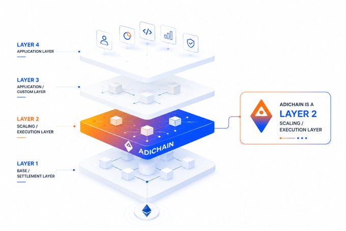 The image illustrates ADICHAIN's position as a Layer 2 Scaling/Execution Layer within a four-tier blockchain architecture stack (Layers 1–4), showing it sitting between the Base/Settlement Layer below and Application/Custom Layers above. This visually reinforces the post's claim that ADICHAIN is an institutional-focused Layer 2 designed to bridge blockchain infrastructure with real-economy use cases for governments and financial institutions.
