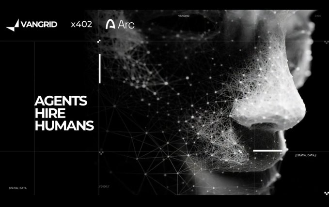 A black-and-white graphic showing 'VANGRID x402 Arc' and the text 'AGENTS HIRE HUMANS' beside a polygonal mesh rendering of a face in profile.