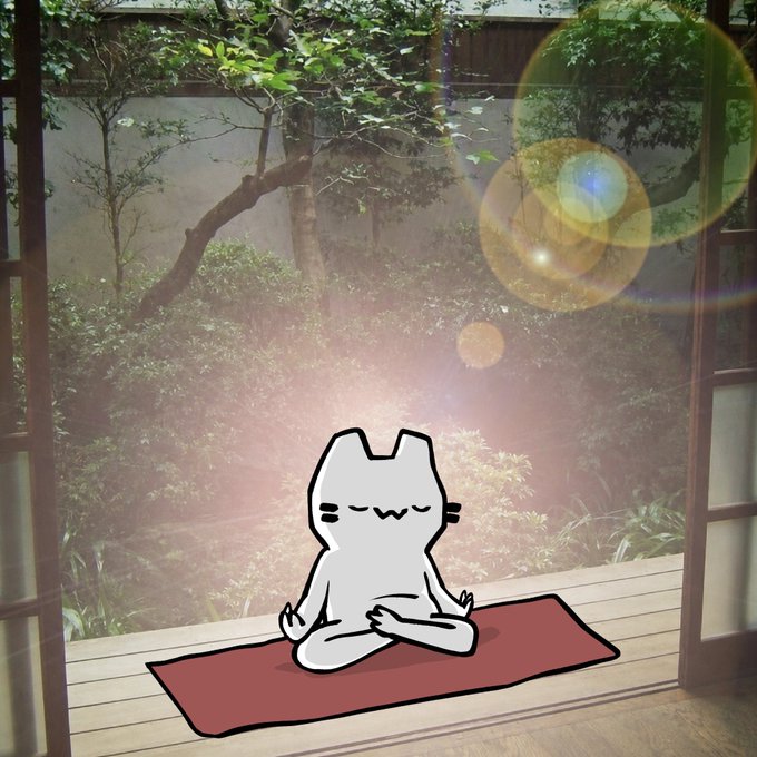 A cartoon cat character sitting in a meditative yoga pose on a red mat, placed over a sunlit Japanese garden view with lens flares.