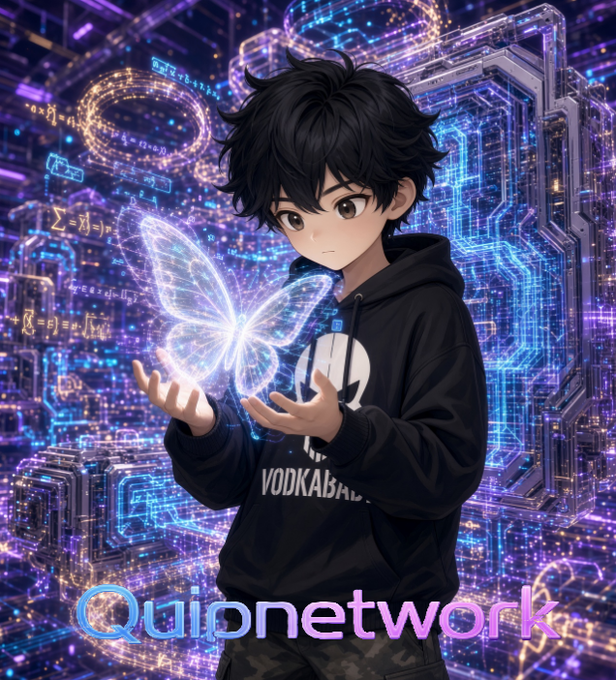 Anime-style digital artwork featuring a boy with black hair holding a glowing holographic butterfly, with 'Quipnetwork' text displayed against a vibrant purple and blue technological background.