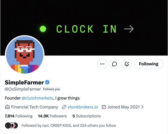 A Twitter/X profile screenshot of SimpleFarmer (@OxSimpleFarmer), Founder of @clutchmarkets, with 14.9K followers and a "CLOCK IN" banner, shown in response to the post asking about a forgotten GM conversation from May.