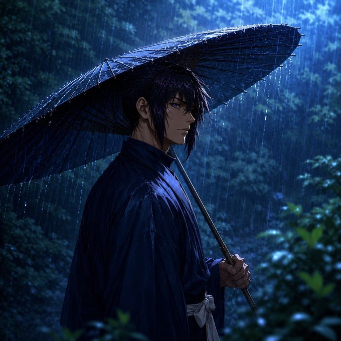 A solemn figure in a dark traditional robe stands in profile under a black oiled-paper umbrella, heavy rain falling through a misty forest. The image visually echoes the post's Zen-like reflection on patience—capturing a moment of stillness amid the storm, much like waiting for mud to settle and water to clear.