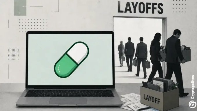 A laptop displays a green pill icon, symbolizing the PumpFun ($PUMP) token, next to silhouetted employees carrying boxes labeled "LAYOFF" and "LAYOFFS" through a doorway. The image visually reinforces the post's claim about PumpFun reportedly laying off staff just before their $PUMP token allocations were set to begin vesting, suggesting a possible misuse of token incentives.