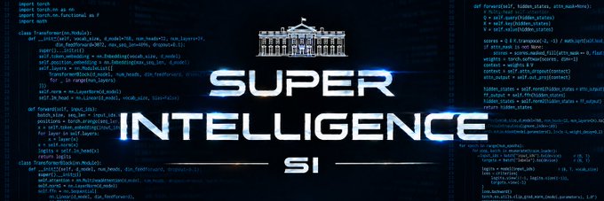 A banner featuring the text 'SUPER INTELLIGENCE SI' overlaid on a background of Python code and a classical building illustration.