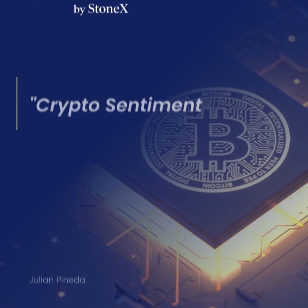 The image is a StoneX-branded cover for a crypto outlook report titled "Crypto Sentiment" by Julian Pineda, featuring a stylized Bitcoin emblem over a glowing blue circuit board. The visual ties to the post's focus on digital assets and upcoming market trends, reinforcing the article's theme of analyzing cryptocurrency positioning amid inflationary pressures.