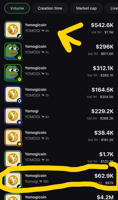 A cryptocurrency listing screen showing multiple 'Yomogicoin (YOMOGI)' entries with an arrow pointing to the top entry and a circle drawn around the '$62.9K' entry.
