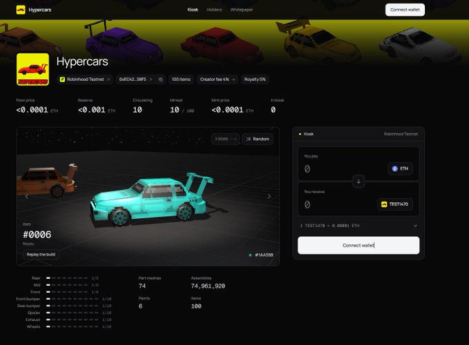 A screenshot of the "Hypercars" NFT minting page on Kiosk, showing item #0006 priced at 0.0001 ETH with a "Connect wallet" prompt, alongside a top banner previewing various hypercar models in the collection.