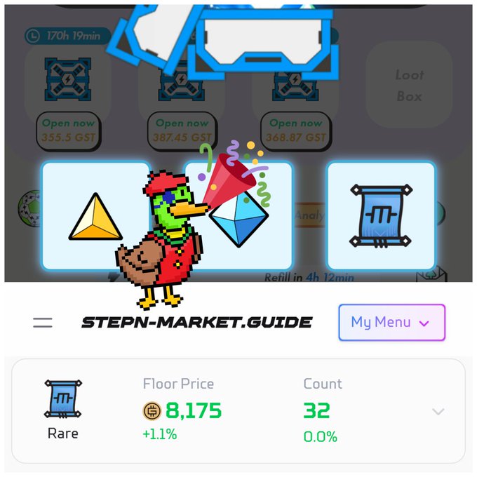 Screenshot of the STEPN-Market.Guide app showing a parrot mascot, loot boxes, and a Rare sneaker floor price of 8,175 GST.