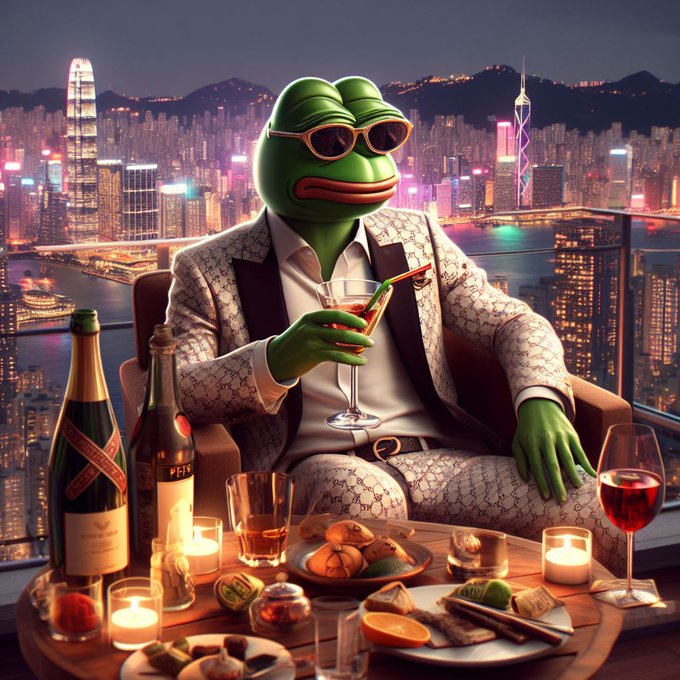 An anthropomorphic Pepe the Frog character wearing sunglasses and a designer suit sits at a rooftop dining table with wine and food, overlooking the Hong Kong skyline at night.