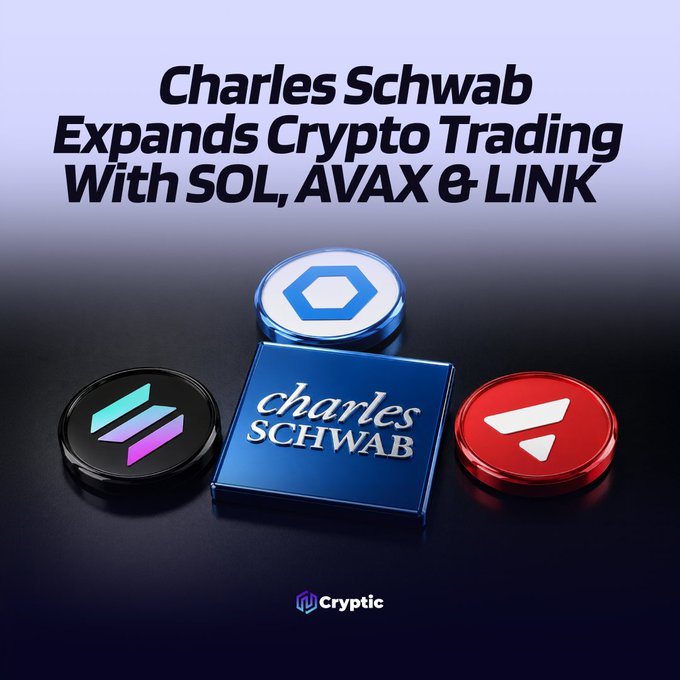A promotional graphic titled "Charles Schwab Expands Crypto Trading With SOL, AVAX & LINK" features the Charles Schwab logo alongside stylized coin representations of the three cryptocurrencies—Solana (SOL), Avalanche (AVAX), and Chainlink (LINK)—visually illustrating the brokerage's upcoming addition of these altcoins to its Schwab Crypto platform, joining Bitcoin and Ethereum.