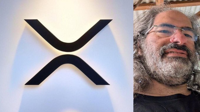 A black XRP logo mounted on a white wall is shown beside a selfie of a bearded man with long gray hair and glasses.