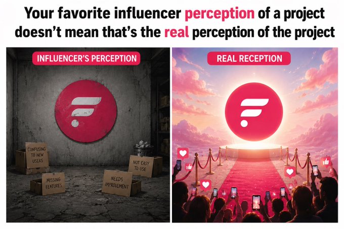 The image contrasts two perceptions of a project: "Influencer's Perception" (left) showing a neglected, gloomy setting with signs reading "Confusing to New Users," "Missing Features," "Not Easy to Use," and "Needs Improvement," versus "Real Reception" (right) depicting a vibrant red-carpet scene with fans holding phones, suggesting widespread enthusiasm. The caption reads "Your favorite influencer perception of a project doesn't mean that's the real perception of the project." This relates to the post's message about not jumping to conclusions about FLARE being a "scam" based solely on influencer opinions, urging people to examine the actual facts and reasoning behind decisions before making serious accusations.