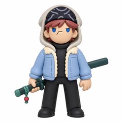 A small collectible figure of an anime-style character with blue eyes, wearing a light blue jacket over black clothing and a hood printed with a symbol, holding a green weapon.