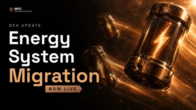 A promotional banner for MPC (Multi-Planetary Coin/Network) announcing a 'Dev Update: Energy System Migration - Now Live' featuring a glowing cylindrical container with an energy bolt symbol.