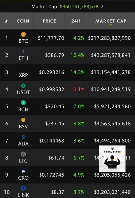 A cryptocurrency market ranking screenshot showing the top 10 coins with a total market cap of $360,151,788,678, listing BTC, ETH, XRP, USDT, BCH, BSV, ADA, LTC, CRO, and LINK with their prices and 24-hour changes.