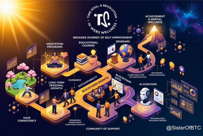 The image depicts a web3 wellness project with several people participating in various activities, including meditation, yoga poses, and working at desks, all interconnected by a network of lines representing their movements or actions within the project. The poster emphasizes an emphasis on personal growth, achievements, and rewards, which is different from typical Web3 projects focusing primarily on cryptocurrency trading.