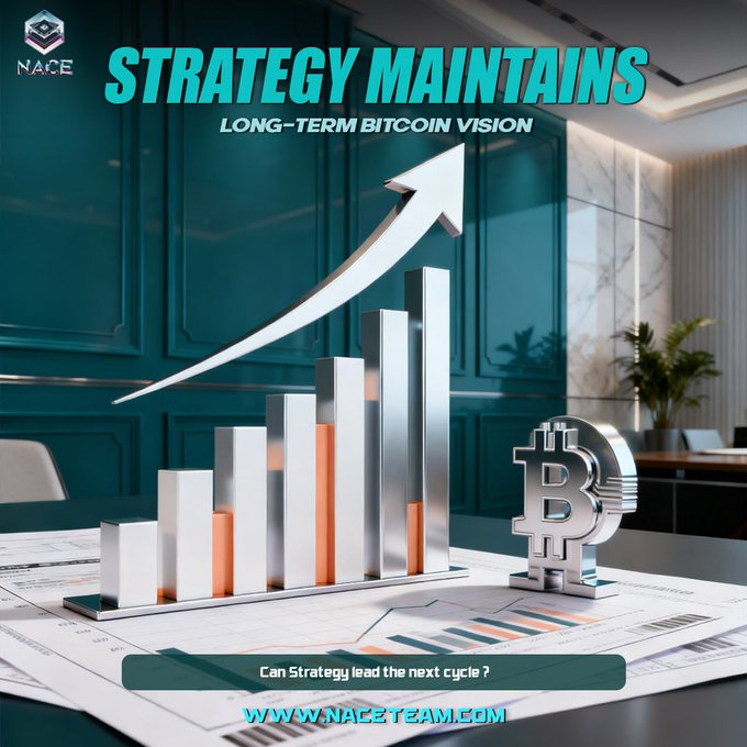A 3D bar chart with a rising arrow and Bitcoin symbol sits atop financial documents, with the headline "STRATEGY MAINTAINS LONG-TERM BITCOIN VISION" and the NACE logo, visually reinforcing the post's message of sustained institutional confidence in Bitcoin.