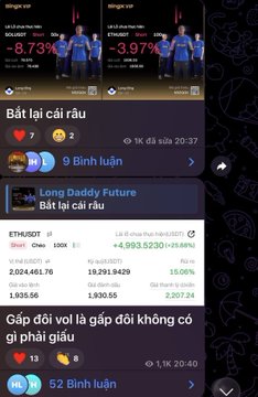 A Vietnamese social media feed showing crypto trading posts, including one about ETHUSDT showing a profit of +4,093.5230 (+29.66%) for a $2,024.46 short position.