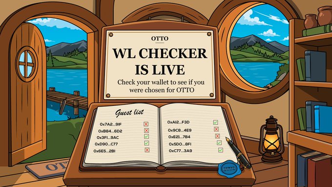 An illustration of an open book displays 'OTTO WL CHECKER IS LIVE' with a guest list of crypto wallet addresses marked with checkmarks and X's, set in a rustic room with lake views.