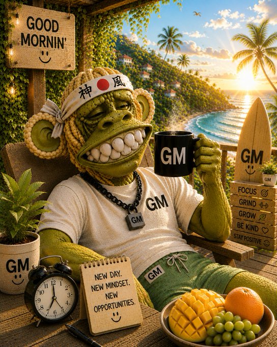 An AI-generated illustration shows a green monkey character wearing a 'GM' headband and shirt, enjoying coffee at a tropical beach setting surrounded by motivational GM-themed items.