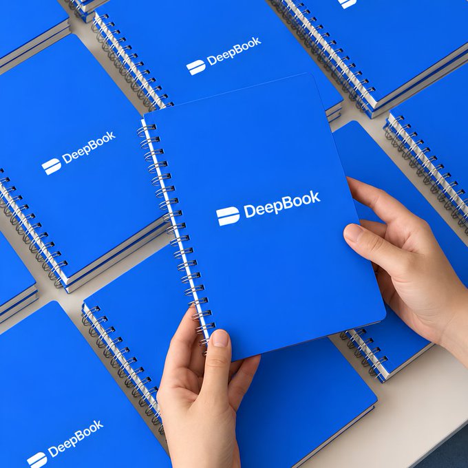 Two hands hold a blue spiral notebook printed with the white “DeepBook” logo, surrounded by more matching notebooks on a gray surface.