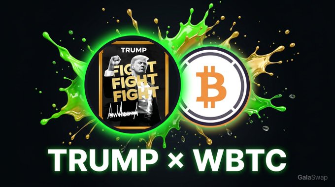 A promotional graphic for GalaSwap's GTRUMP/GWBTC liquidity pool features a cartoon-style Donald Trump with a raised fist alongside a Bitcoin logo, both encircled by green and gold paint splatters on a black background, with "TRUMP × WBTC" displayed prominently below. The bold "FIGHT FIGHT FIGHT" text on the Trump graphic complements the combative, attention-grabbing marketing style of the accompanying post, which highlights the pool's $270k TVL and 10.3% APR.
