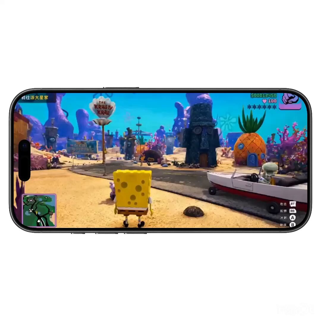 The image shows a cell phone screen displaying an open game with a cartoon character, Spongebob Squarepants, driving a car through a city scene. The game appears to be a mobile version of the popular TV show "Spongebob Squarepants". The title of the game is "OPUS 4.8 Is ACTUALLY SCARY GOOD SOMEONE JUST VIBE CODED A GTA x SPONGEBOB MOBILE GAME IN 10 MINUTES".