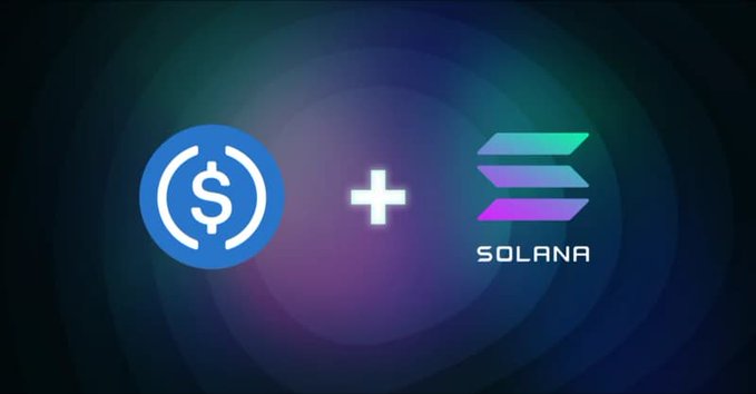 A graphic shows the USDC logo plus the Solana logo on a dark gradient background, indicating a crypto pairing.