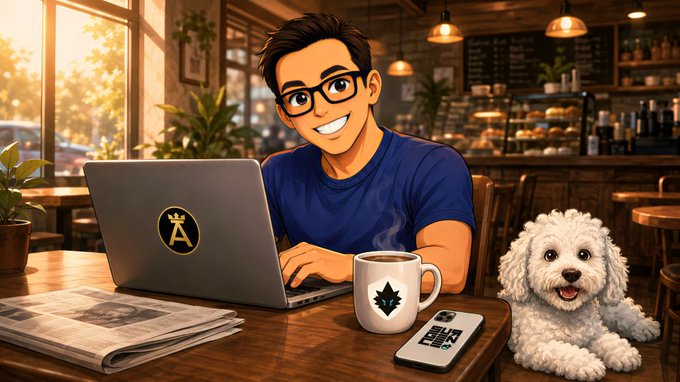 An animated cartoon shows a young man with glasses smiling at a laptop in a sunlit cafe, with a steaming mug, a newspaper, a smartphone, and a fluffy white dog beside him.