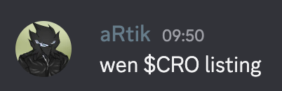 The image features a Discord message from user "aRtik" at 09:50 asking "wen $CRO listing," echoing the post's inquiry about when Cronos ($CRO) will be listed on Hyperliquid. The avatar shows a black-clad ninja-like figure, and the post's suggestion to "raid" Hyperliquid's Discord for a response mirrors the meme-style impatience captured in the screenshot.
