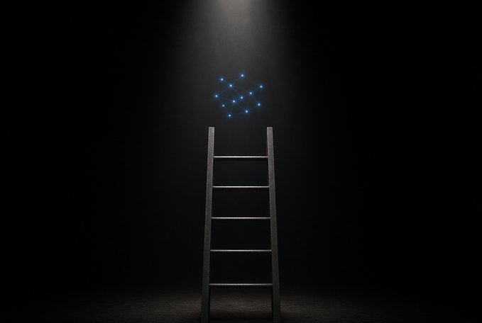 A minimalist illustration of a ladder reaching up into darkness toward a constellation of blue stars, illuminated by a single beam of light.
