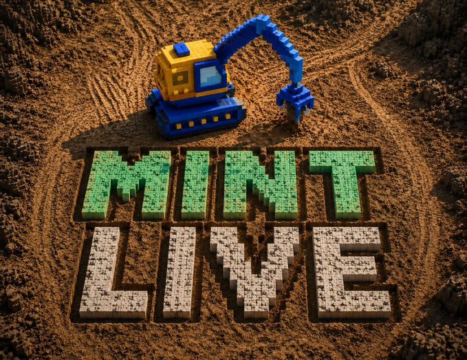 A pixelated excavator sits in a dirt excavation site above the words "MINT LIVE" rendered in blocky green and white voxel-style letters, visually reinforcing the announcement that the mint is launching ahead of schedule due to the site being leaked.