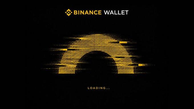 A Binance Wallet loading screen displays a pixelated yellow logo and 'LOADING...' text against a black background.