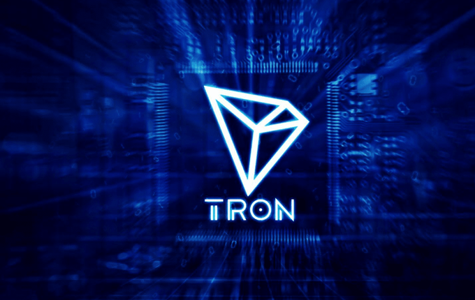 The image shows the TRON logo—a stylized 3D triangular emblem—with the text "TRON" beneath it, set against a blue digital background featuring circuitry patterns and binary code, symbolizing the blockchain technology discussed in the post about TRON's DPoS consensus and Super Representatives.
