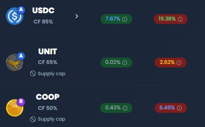 A dark crypto token list shows USDC, UNIT, and COOP with confidence scores, green percentage gains of 7.67%, 0.02%, and 0.43%, and red percentage figures of 19.38%, 2.62%, and 6.49%.