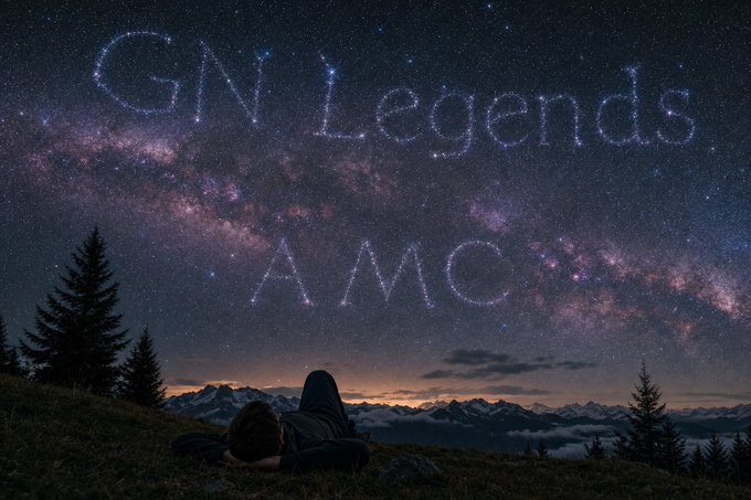 A person lies on a grassy hillside at night under a stunning starry sky, where the Milky Way is arranged to spell out 'GN Legends AMC'.
