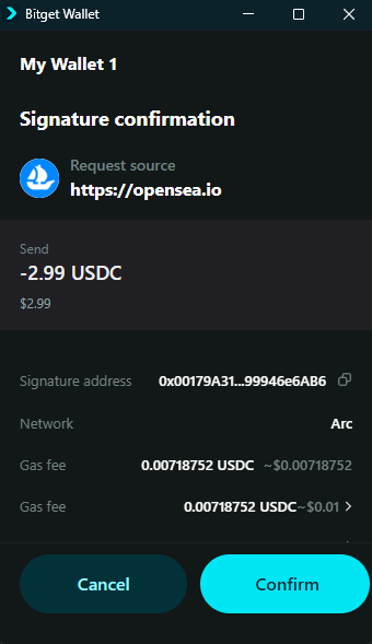 The image shows a Bitget Wallet signature confirmation screen for a transaction of -2.99 USDC on the Arc network, with a request source from https://opensea.io, a gas fee of 0.00718752 USDC (~$0.01), and options to Cancel or Confirm the transaction. This relates to the post by illustrating an in-wallet transaction confirmation process on Arc mainnet, which the post highlights as supporting cross-chain bridging and direct access to various decentralized exchanges.