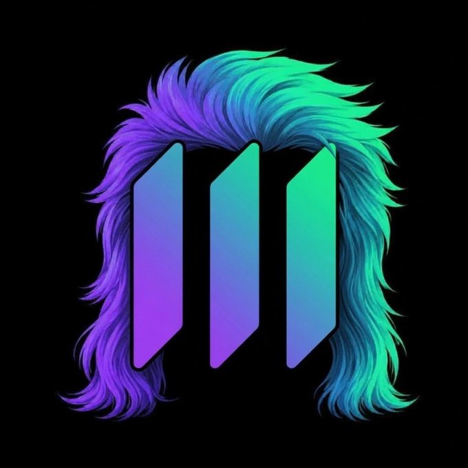 A stylized logo featuring the iconic mullet hairstyle in vibrant purple and teal gradients, with three geometric shapes resembling the Solana (SOL) logo incorporated into the hair design, visually representing the "$MULLET" cryptocurrency token on the Solana blockchain.